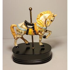 Vintage Ceramic Musical Hobby Horse On Carousel With Wooden Base Music Box